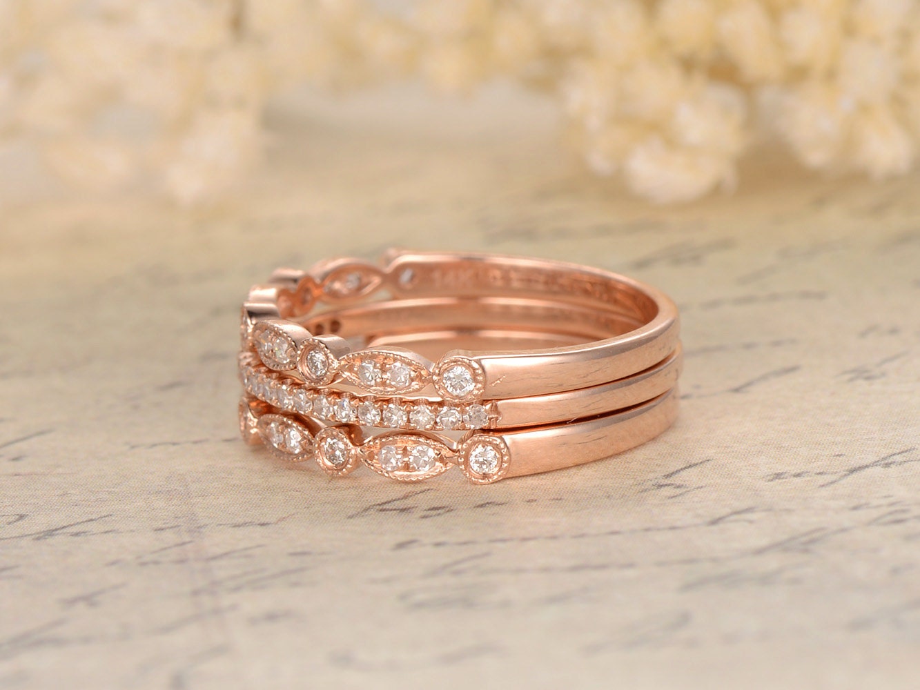 diamond-wedding-band-set-3pcs-14k-rose-gold-half-eternity-two-art-deco-band-one-thin-band