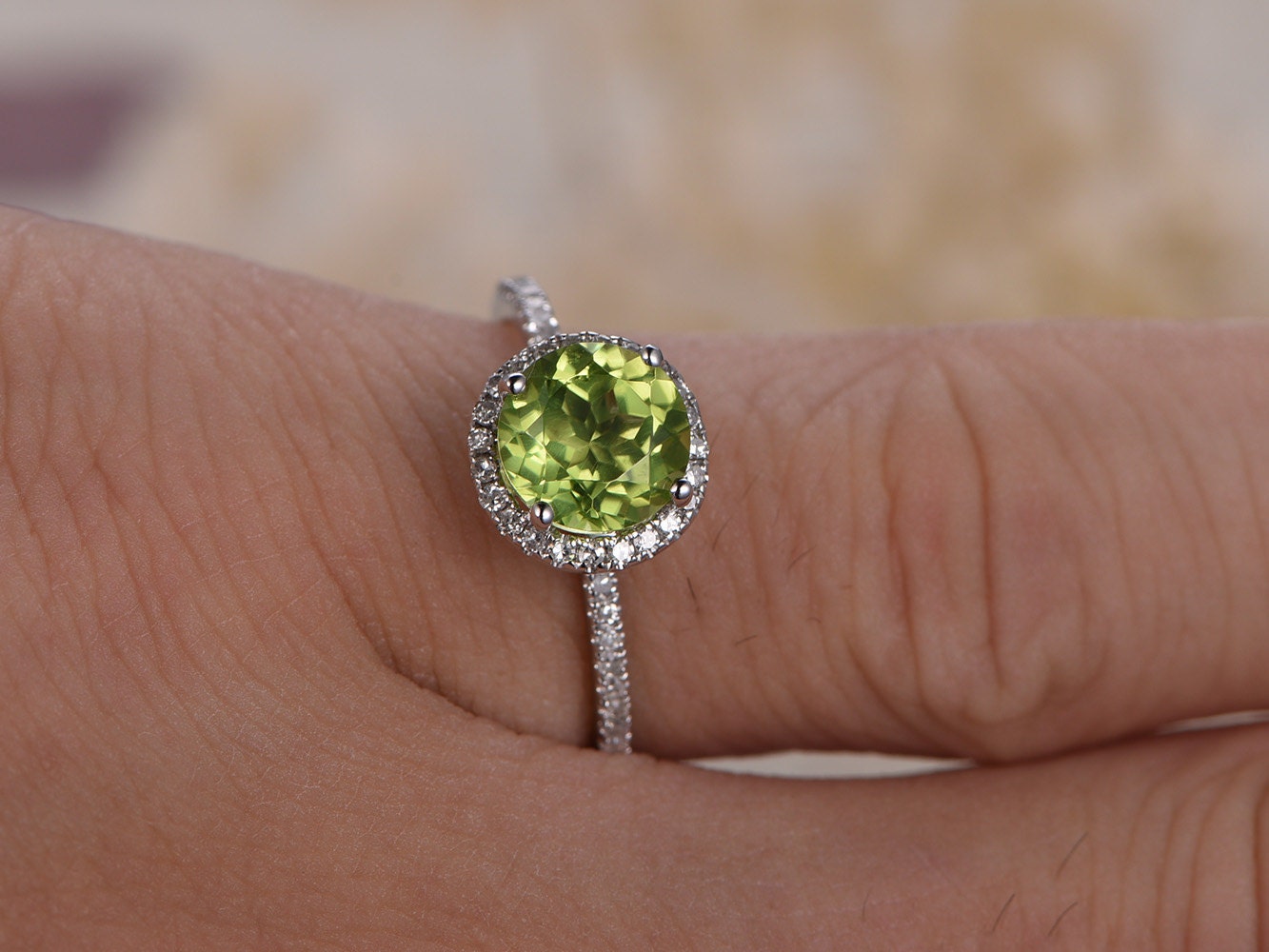 7mm Round Cut Peridot Engagement Ring 14K White Gold Diamond Halo Half Eternity Design