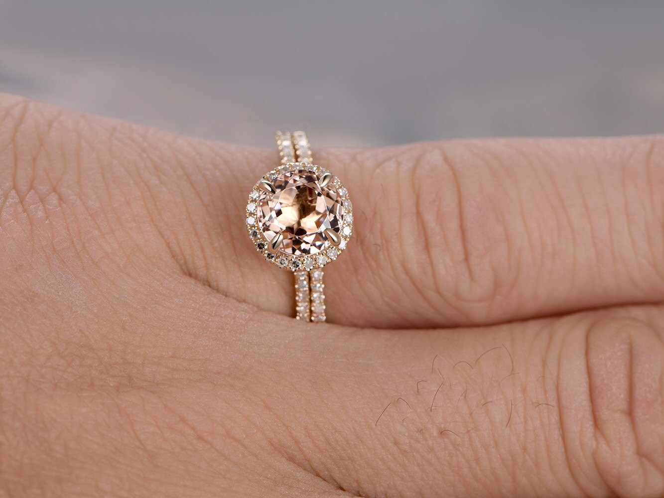 7mm-round-cut-morganite-engagement-ring-set-2pcs-14k-yellow-gold-diamond-halo-half-eternity-thin-matching-band