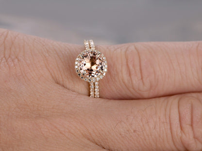 7mm-round-cut-morganite-engagement-ring-set-2pcs-14k-yellow-gold-diamond-halo-half-eternity-thin-matching-band