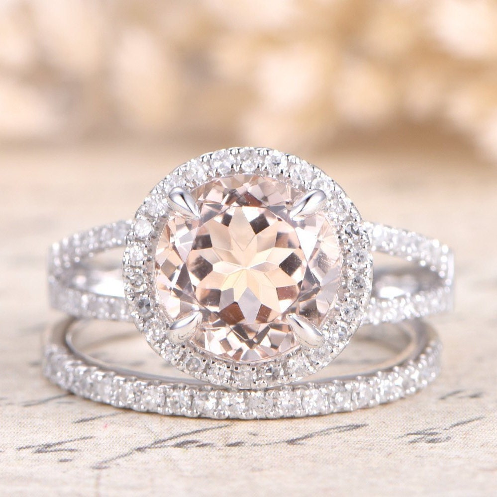 8mm-round-cut-morganite-engagement-ring-set-2pcs-14k-white-gold-split-shank-design-diamond-halo-ring-half-eternity
