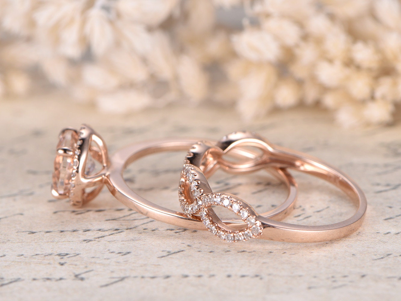 7mm-round-cut-morganite-engagement-ring-set-2pcs-14k-rose-gold-diamond-halo-twist-matching-band