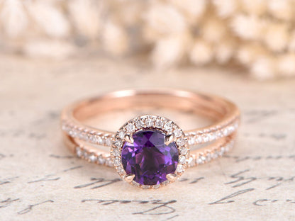 6.5mm Round Cut Amethyst Engagement Ring 2pcs 14K Rose Gold Half Eternity Band Design