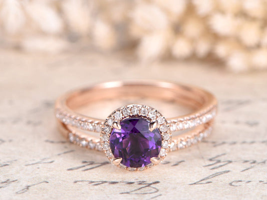 6.5mm Round Cut Amethyst Engagement Ring 2pcs 14K Rose Gold Half Eternity Band Design
