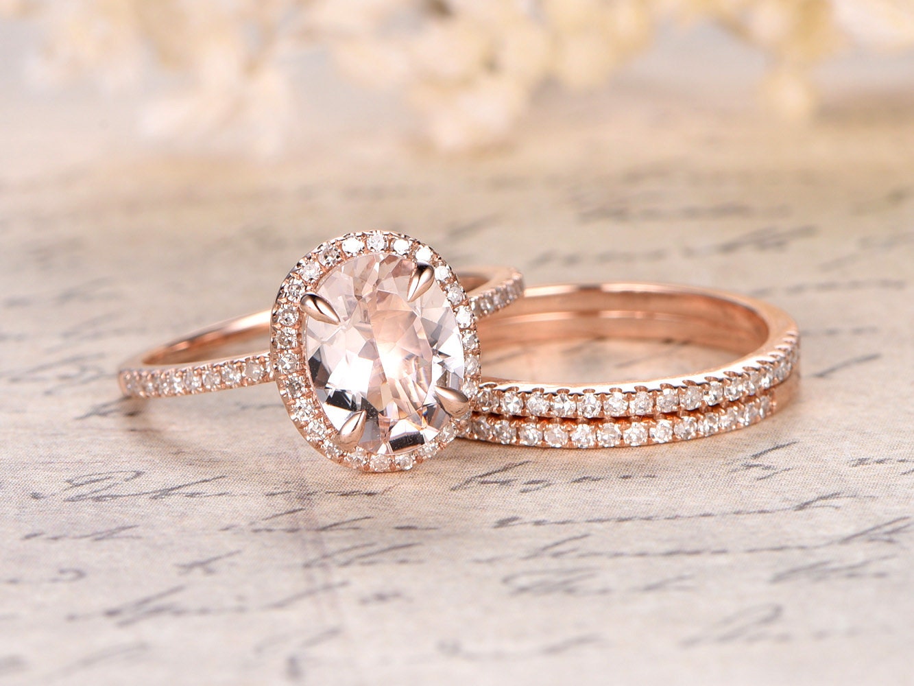 6x8mm-oval-cut-morganite-engagement-ring-set-3pcs-14k-rose-gold-diamond-halo-half-eternity-two-thin-diamond-band