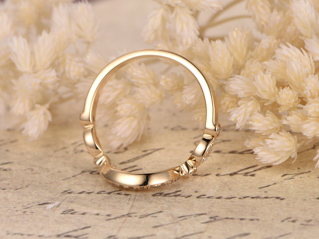 Alliance incurvée en diamant, demi-alliance, bague d'anniversaire, bague en forme de marquise et de cercle, style Art déco, or jaune 14 carats, alliance assortie, bague sur mesure