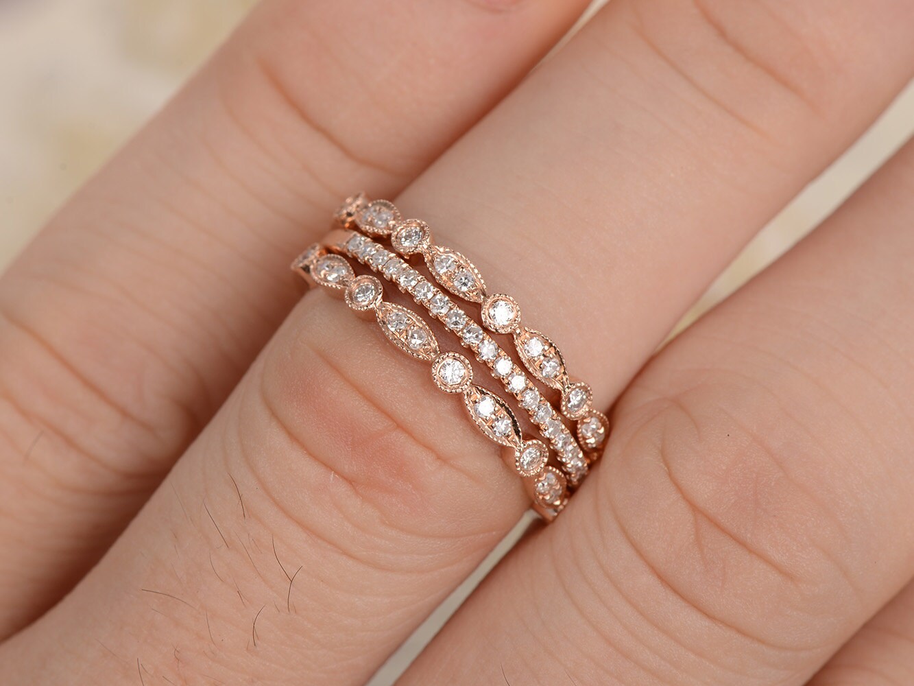 diamond-wedding-band-set-3pcs-14k-rose-gold-half-eternity-two-art-deco-band-one-thin-band
