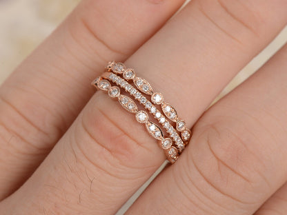 diamond-wedding-band-set-3pcs-14k-rose-gold-half-eternity-two-art-deco-band-one-thin-band