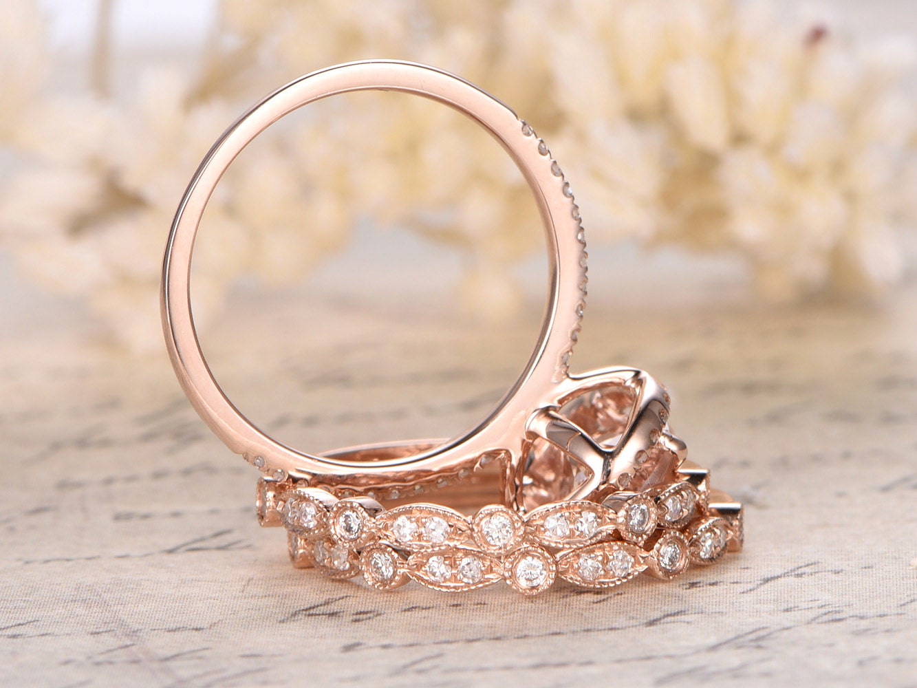 7x9mm-oval-cut-morganite-engagement-ring-set-3pcs-14k-rose-gold-diamond-halo-half-eternity-two-art-deco-matching-band
