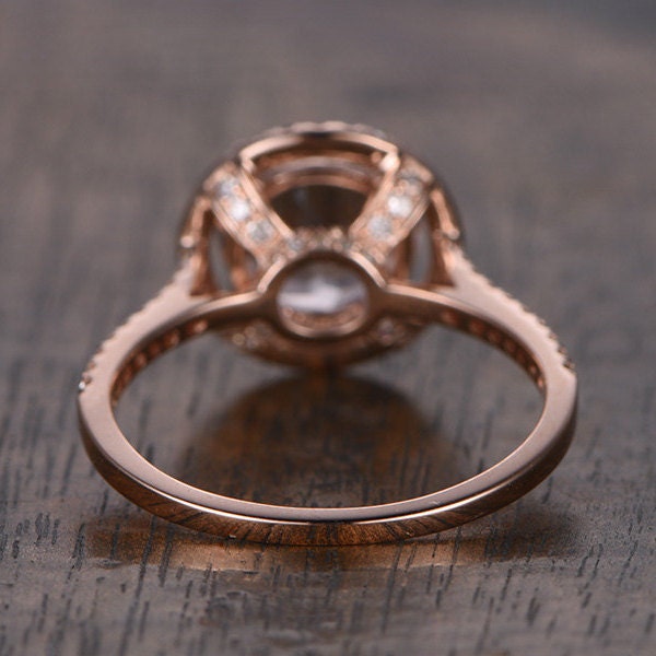 Bague de fiançailles en or rose avec morganite de 8 mm, alliance pavée de diamants, bague de fiançailles avec halo de diamants, bague en morganite rose, bague de mariée en morganite