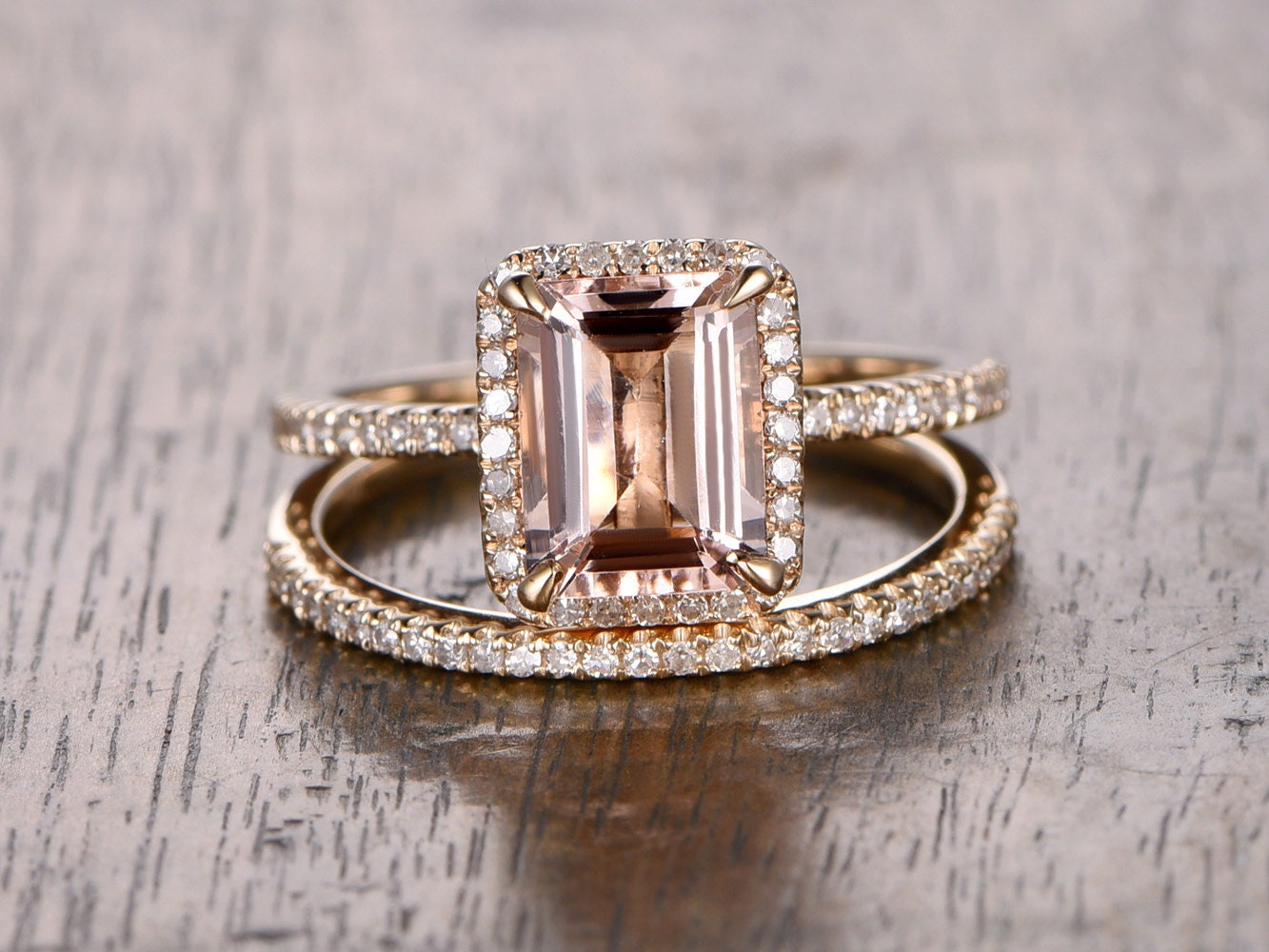 7x9mm Emerald Cut Morganite Engagement Ring Set 2pcs 14K Rose Gold Diamond Halo | Thin Matching Band
