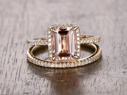 7x9mm Emerald Cut Morganite Engagement Ring Set 2pcs 14K Rose Gold Diamond Halo | Thin Matching Band