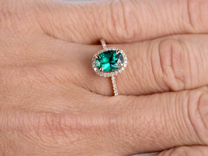 Bague de fiançailles en or rose 14 carats, émeraude ovale 6x8 mm, pierre de naissance de mai, alliance sertie de griffes.