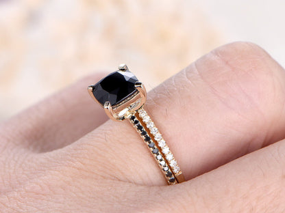 7mm-cushion-cut-black-spinel-engagement-ring-set-2pcs-solid-14k-yellow-gold-black-diamond-band-thin-matching-band