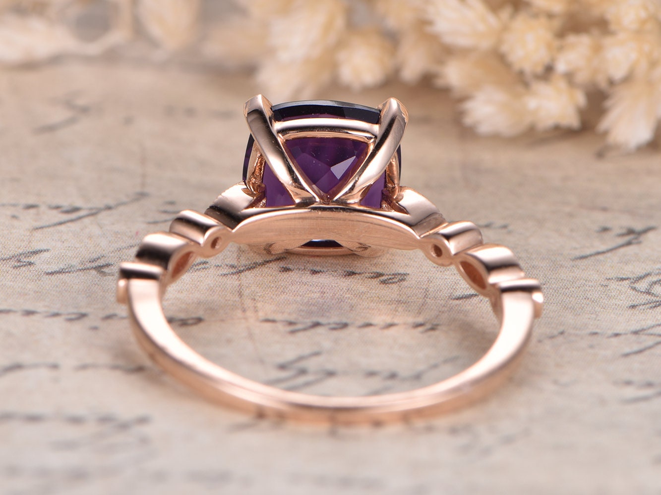8mm Cushion Cut Amethyst Engagement Ring 14K Rose Gold Solitaire Art Deco Design