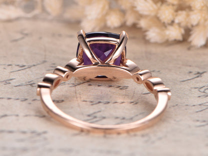 8mm Cushion Cut Amethyst Engagement Ring 14K Rose Gold Solitaire Art Deco Design