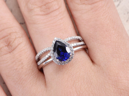 6x8mm Pear Cut Blue Sapphire Engagement Ring Set 2ps 14K White Gold And Diamond Split Shank Band