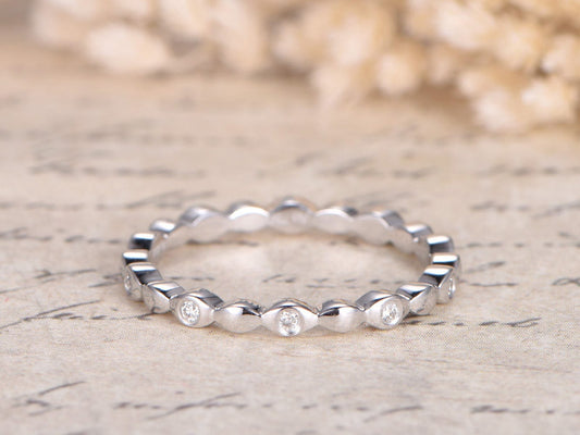 Alliance en or blanc massif 14 carats sertie de diamants, bague de promesse, bague d'anniversaire, alliance sertie de diamants, style fin