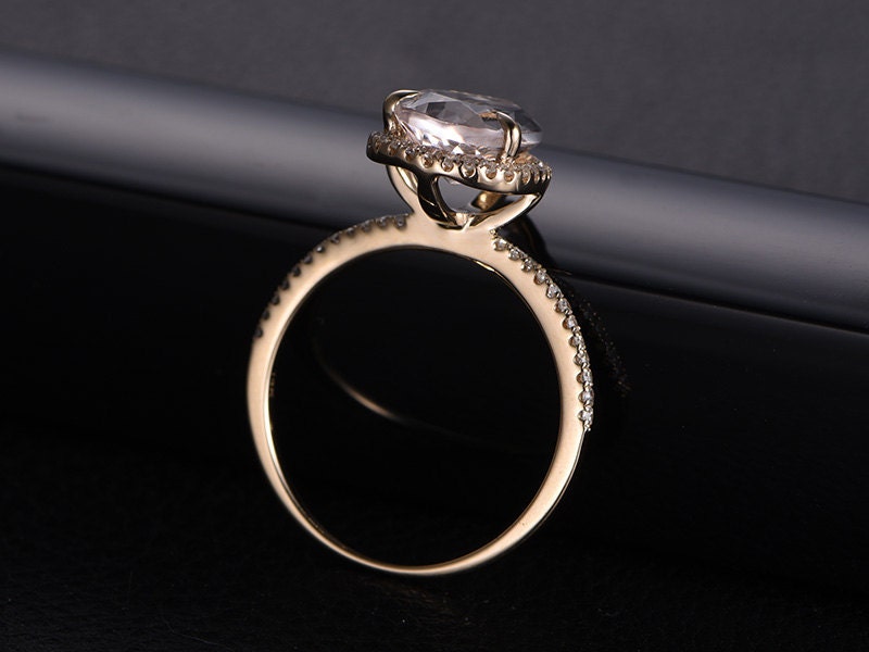 Bague de fiançailles vintage en morganite, or rose, forme poire, alliance ancienne avec halo de diamants, style Art déco, demi-alliance, bague d'anniversaire