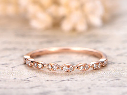 Alliance demi-éternité sertie de diamants, bague de fiançailles sertie clos, style Art déco, or rose 14 carats, taille marquise, finition millegrain