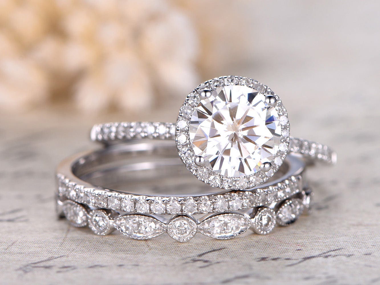 7mm-round-cut-moissanite-engagement-ring-set-3pcs-14k-white-gold-half-eternity-band-halo-diamond-design-1-thin-matching-band-1-art-deco-band