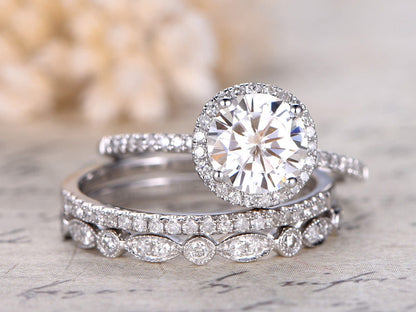 7mm-round-cut-moissanite-engagement-ring-set-3pcs-14k-white-gold-half-eternity-band-halo-diamond-design-1-thin-matching-band-1-art-deco-band