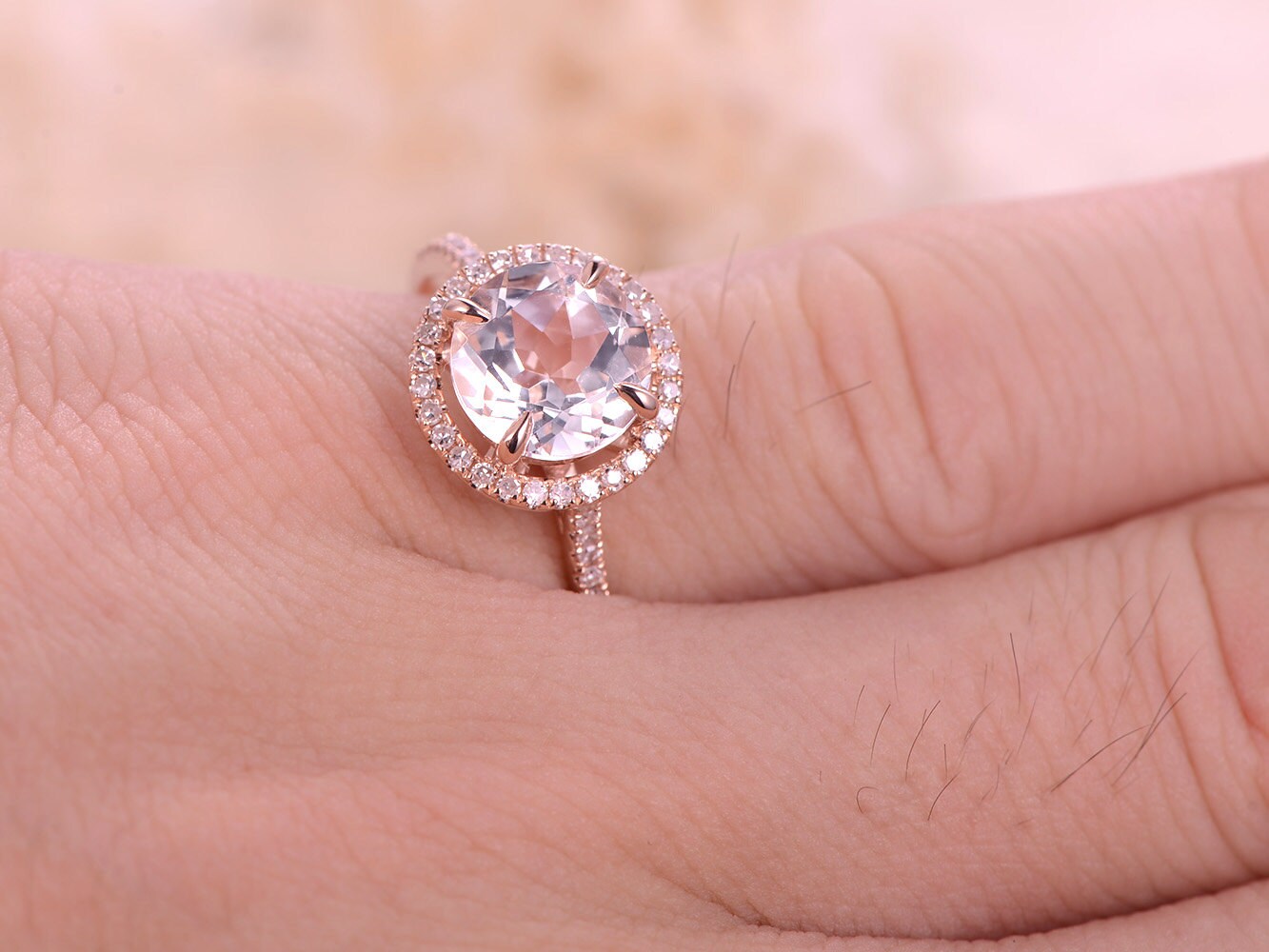 8mm Round Cut White Topaz Engagement Ring 14K Rose Gold Half Eternity Diamond Halo