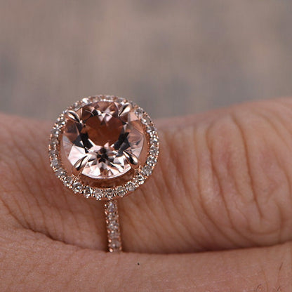 Bague de fiançailles en or rose avec morganite de 8 mm, alliance pavée de diamants, bague de fiançailles avec halo de diamants, bague en morganite rose, bague de mariée en morganite