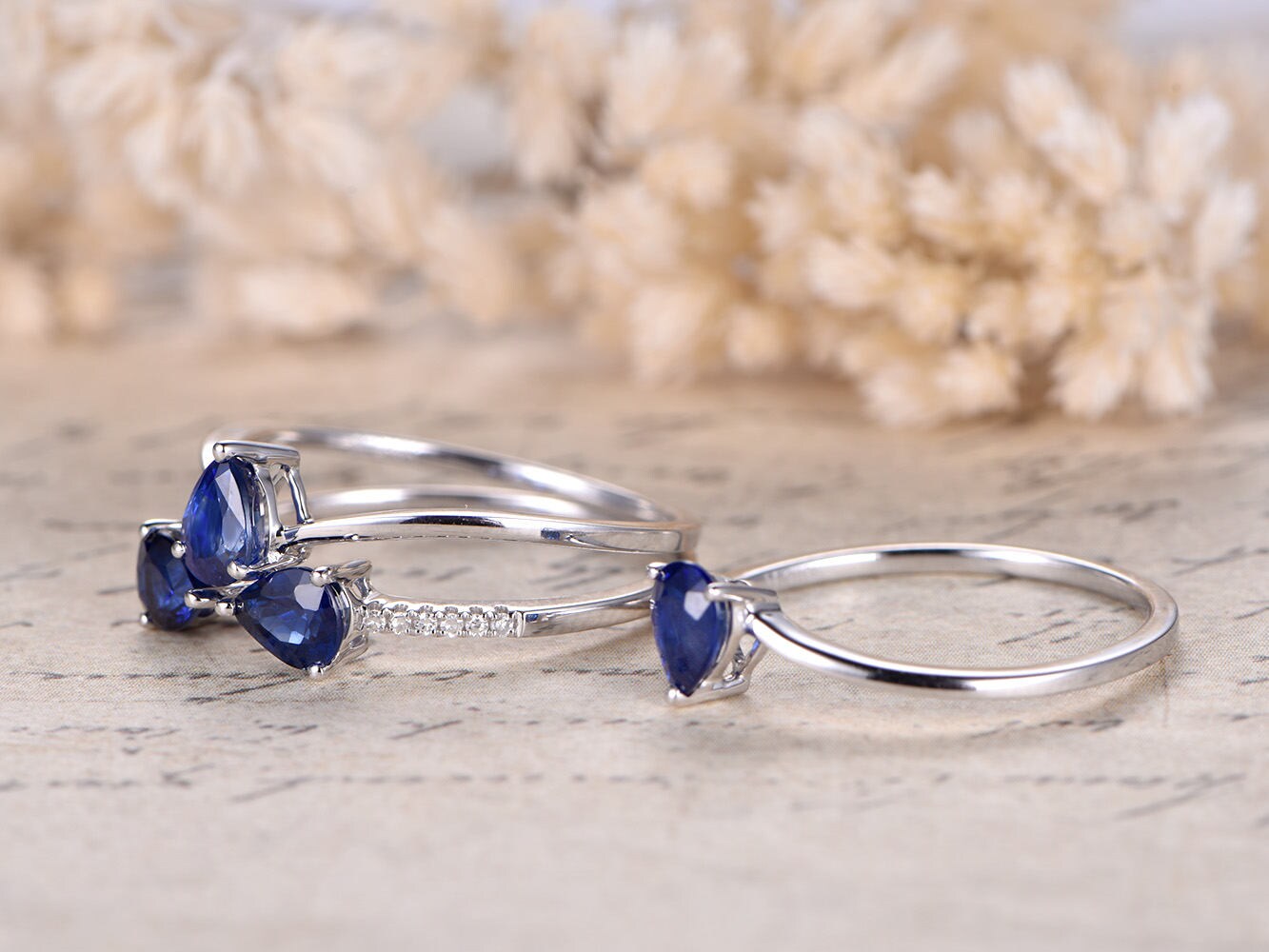Bague de fiançailles en tanzanite naturelle VS, anneau simple en or blanc 14 carats massif. Ensemble de 4 bagues de fiançailles et bagues de promesse décoratives.