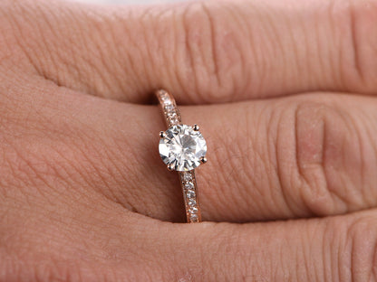 Bague en moissanite VVS taille ronde 6,5 mm, bague de fiançailles en moissanite, alliance en diamant, bague solitaire en moissanite en or rose 14 carats, bague de promesse
