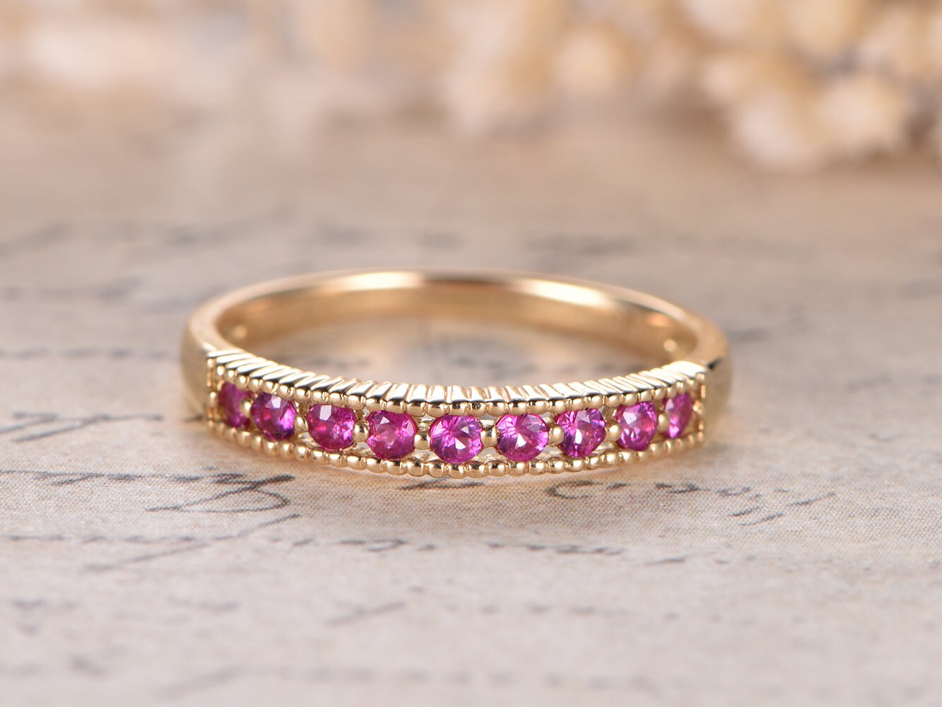 Bague de fiançailles en rubis, alliance pavée de rubis, alliance empilable en or blanc 14 carats massif, bague de mariage pour femme avec rubis