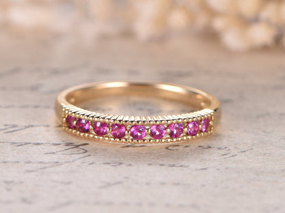 Bague de fiançailles en rubis, alliance pavée de rubis, alliance empilable en or blanc 14 carats massif, bague de mariage pour femme avec rubis