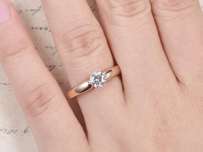 Bague de fiançailles solitaire en moissanite ronde, alliance simple en or rose, bague de promesse pour femme, bague délicate