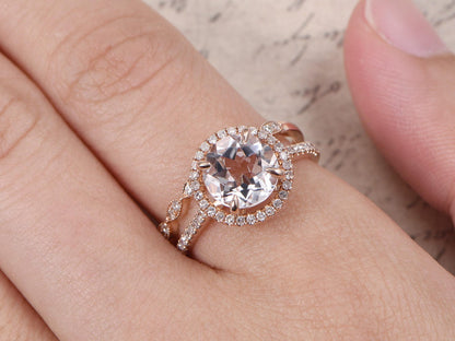 8mm Round Cut White Topaz Engagement Ring Set 2pcs 14K Rose Gold Diamond Halo | Curved Art Deco Matching Band