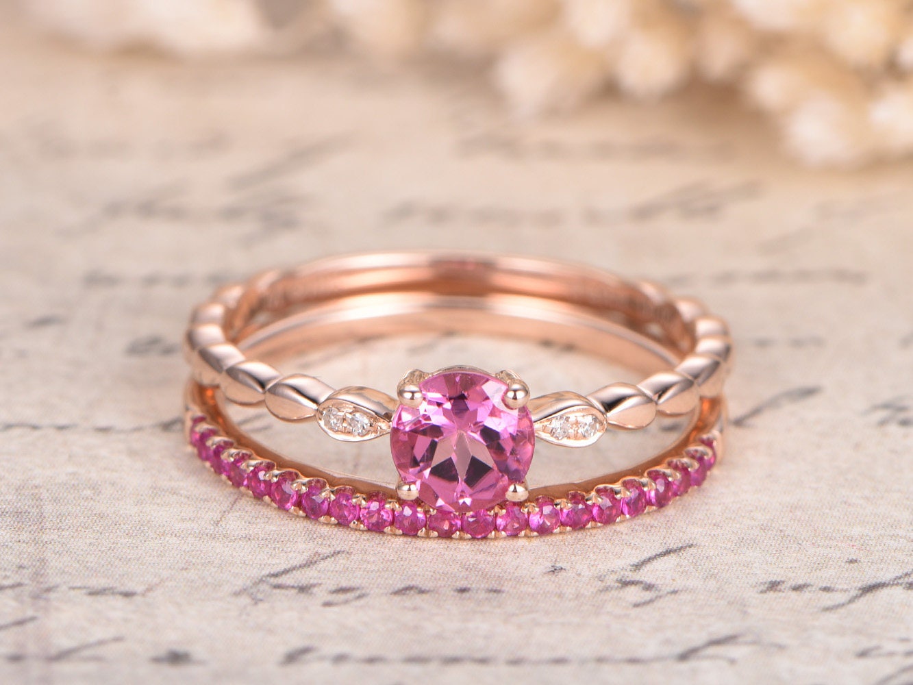 5mm-round-cut-pink-tourmaline-engagement-ring-set-2pcs-14k-rose-gold-diamond-accent-ruby-thin-matching-band