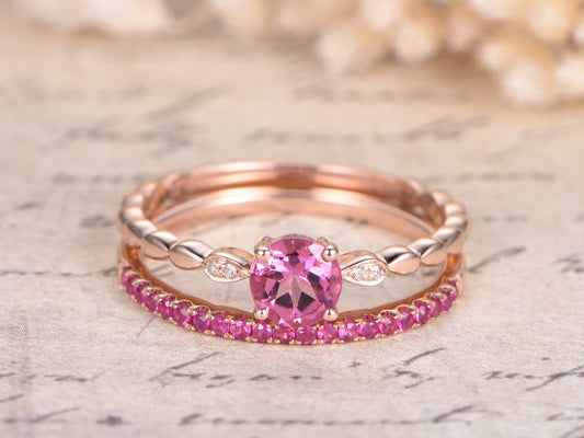 5mm-round-cut-pink-tourmaline-engagement-ring-set-2pcs-14k-rose-gold-diamond-accent-ruby-thin-matching-band