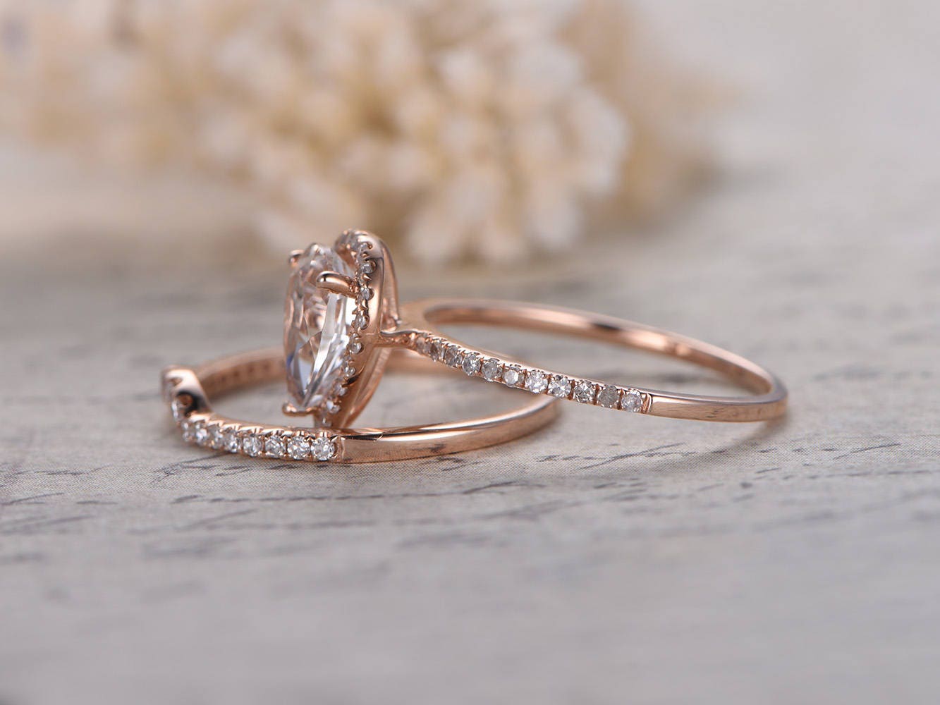 6x8mm-pear-cut-white-topaz-engagement-ring-set-2pcs-14k-rose-gold-curved-diamond-half-eternity-band-halo-curved-matching-band