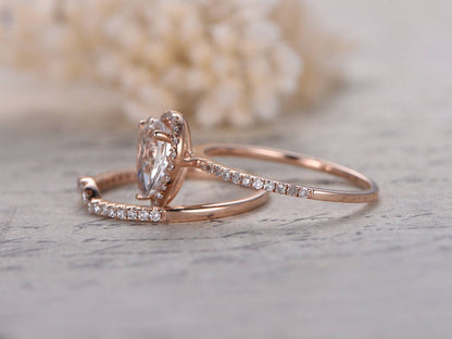 6x8mm-pear-cut-white-topaz-engagement-ring-set-2pcs-14k-rose-gold-curved-diamond-half-eternity-band-halo-curved-matching-band