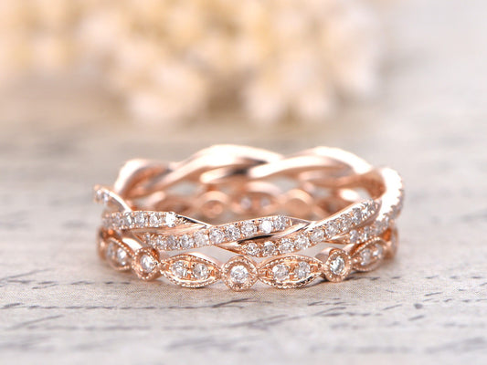 Alliance en diamants, bague de mariage torsadée unique et alliance en diamants marquise, sertie de diamants, alliance sertie de diamants, bague d'anniversaire, bagues en or rose 14 carats, sertie de millegrain