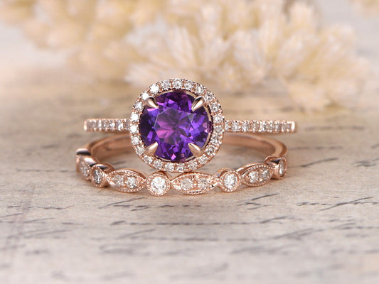 6.5mm Round Cut Amethyst Engagement Ring Set 2pcs Halo Diamond 14K Rose Gold Half Eternity