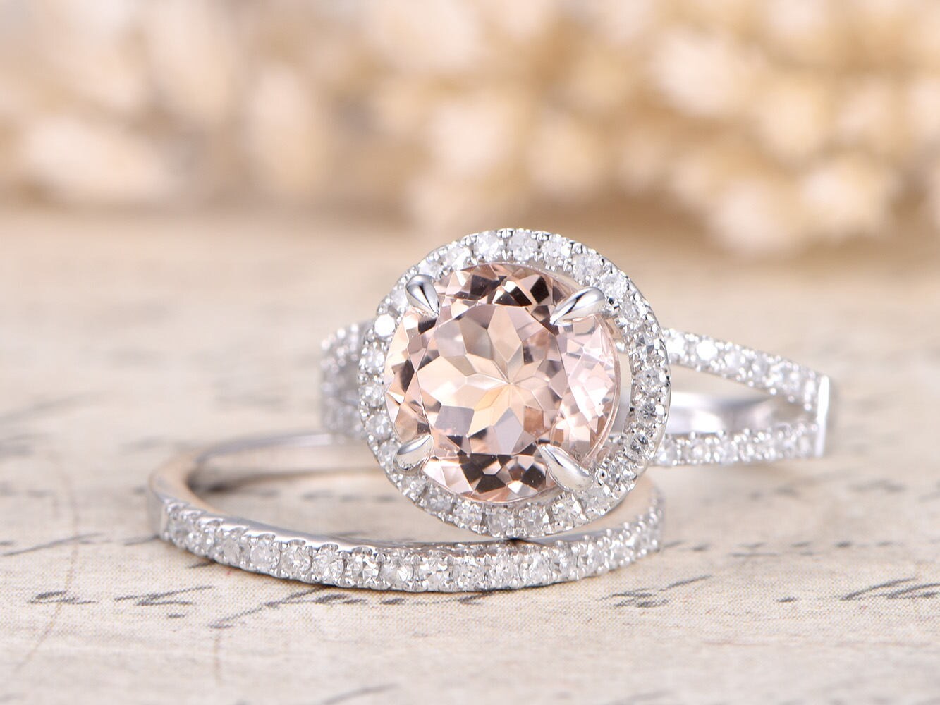 8mm-round-cut-morganite-engagement-ring-set-2pcs-14k-white-gold-split-shank-design-diamond-halo-ring-half-eternity