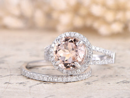 8mm-round-cut-morganite-engagement-ring-set-2pcs-14k-white-gold-split-shank-design-diamond-halo-ring-half-eternity
