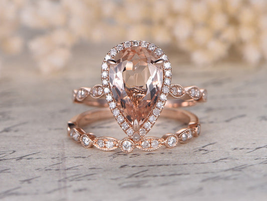 8x12mm Pear Cut Morganite Engagement Ring Set 2pcs 14K Rose Gold Diamond Halo | Art Deco Matching Band