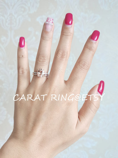 Bague de fiançailles en or rose 14 carats avec morganite ovale de 2,5 carats, or et diamants.