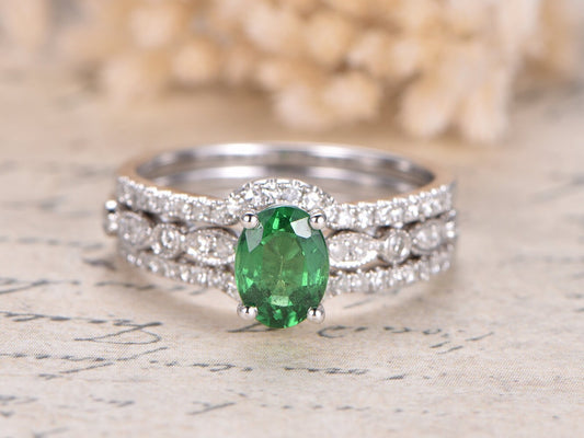 5x7mm-oval-cut-tsavorite-engagement-ring-set-3pcs-14k-white-gold-diamond-accent-two-curved-matching-band