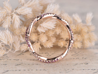 Diamond & Amethyst Wedding Band Full Eternity 14K Rose Gold Twist Design