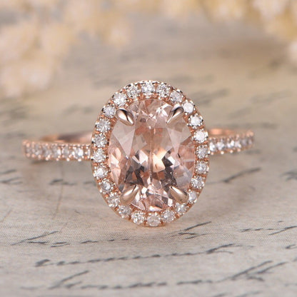 Bague de fiançailles halo en morganite ovale 6*8 mm, alliance en or rose 14 carats sertie de diamants pavés, griffes, bague pour femme