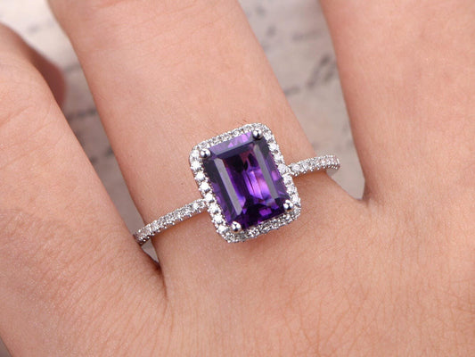 6x8-emerald-cut-amethyst-engagement-ring-14k-white-gold-diamond-band-half-eternity-vintage-halo-design