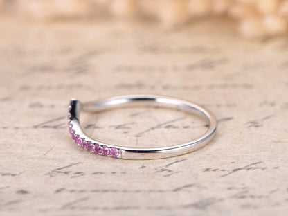 Pink Sapphire Wedding Band Chevron Curved V Wedding Ring 14K White Gold