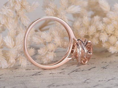 Bague de fiançailles unique en morganite, style vintage antique, sertie de diamants halo, anneau simple en or rose 14 carats, diamants ronds de 6,5 mm